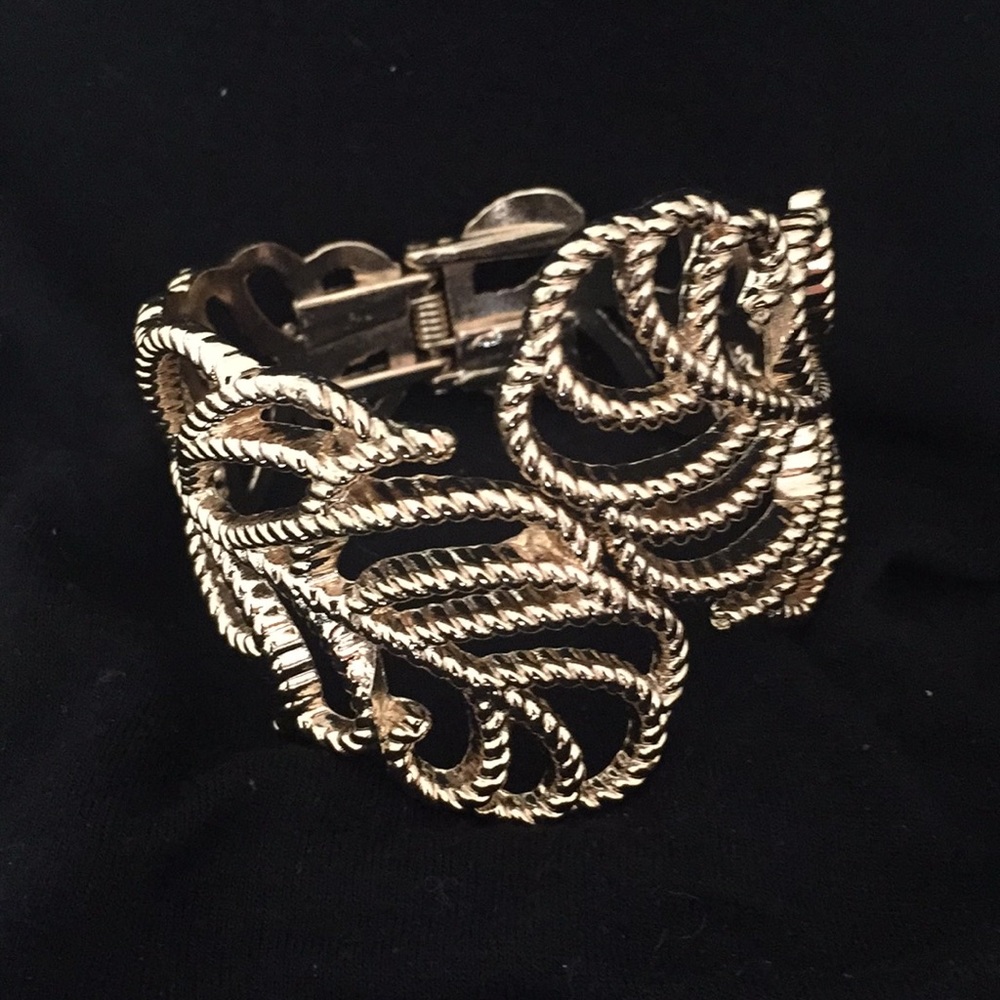 Gold Hinged Cuff Bracelet with Leaf Design